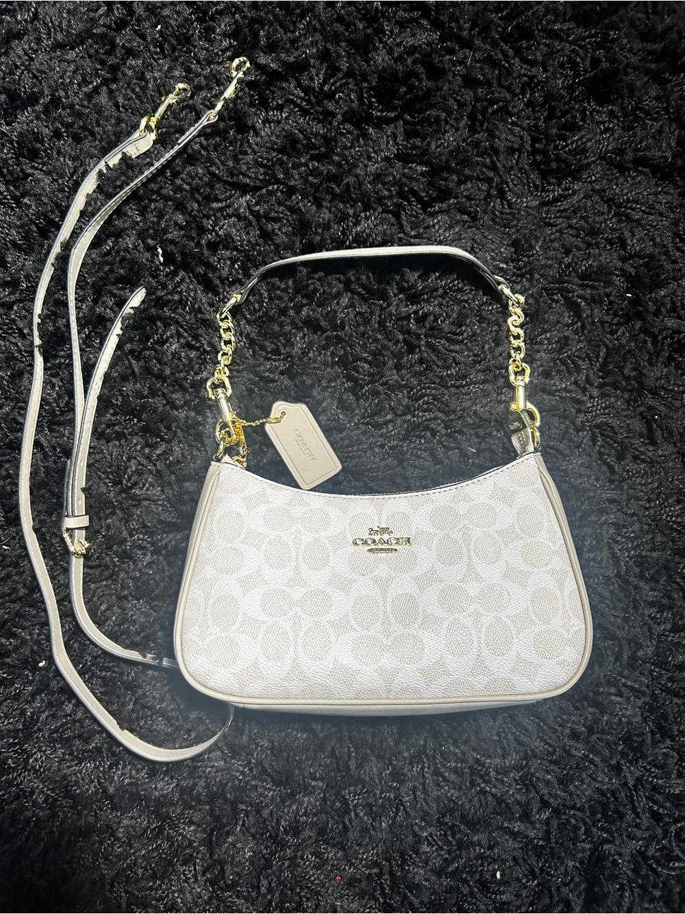 Coach Style Cream Signature Canvas Shoulder Bag with Gold Hardware